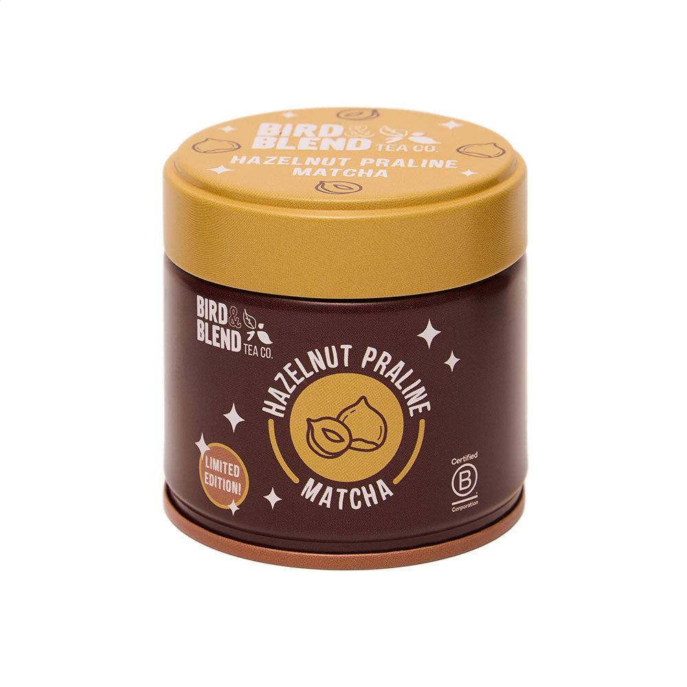 Hazelnut praline matcha tea powder in tin