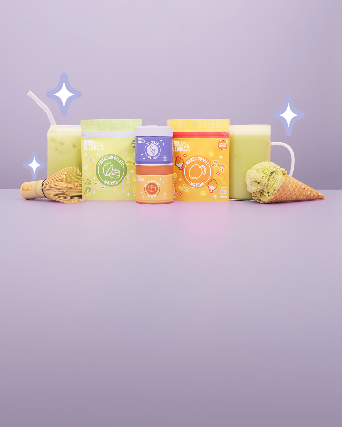 ice cream matcha tea parlour and traditional bamboo matcha whisk mobile banner