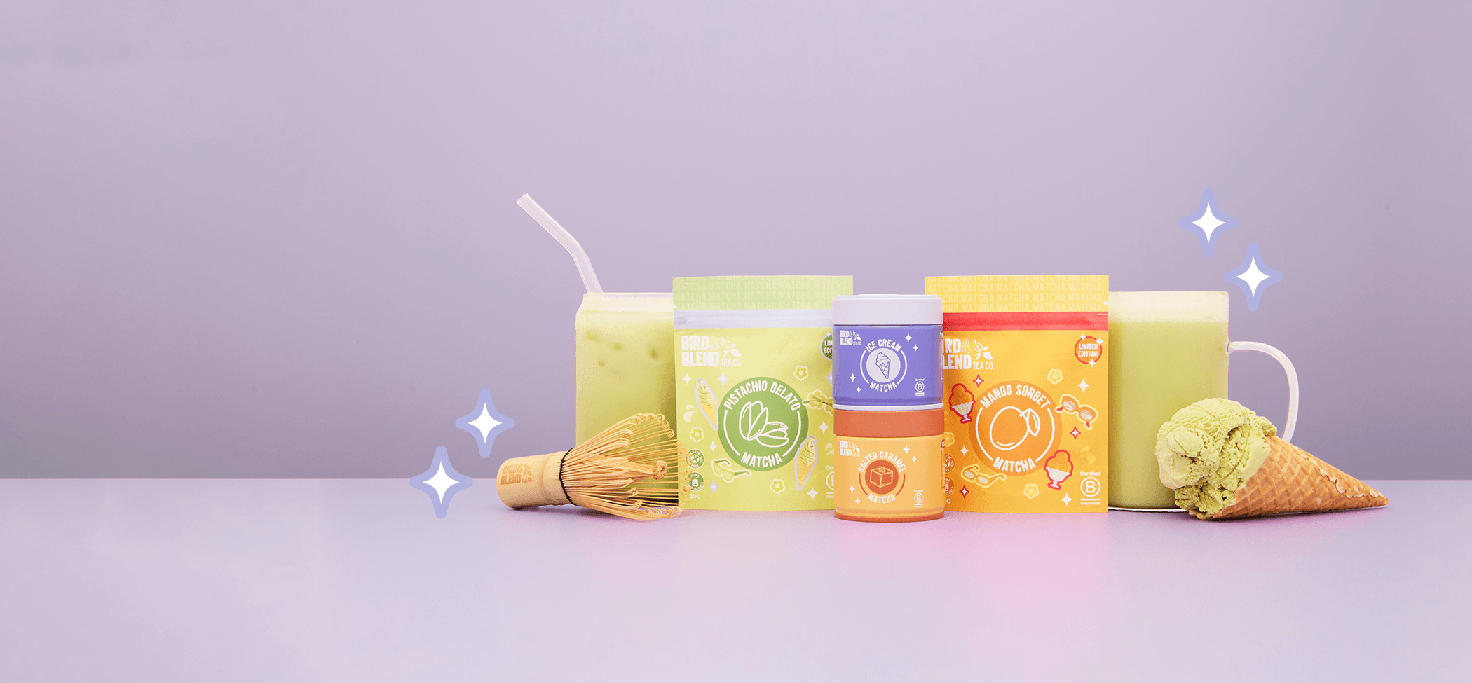 Ice cream matcha tea parlour desktop banner with bamboo matcha whisk & iced and hot matcha lattes