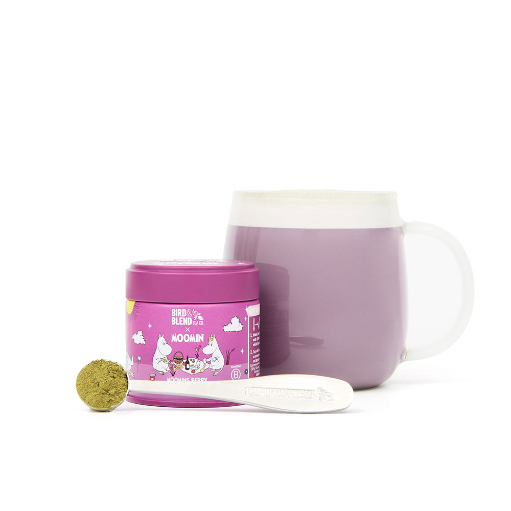 Moomin Berry Basket Matcha Tin & spoon & hot matcha latte