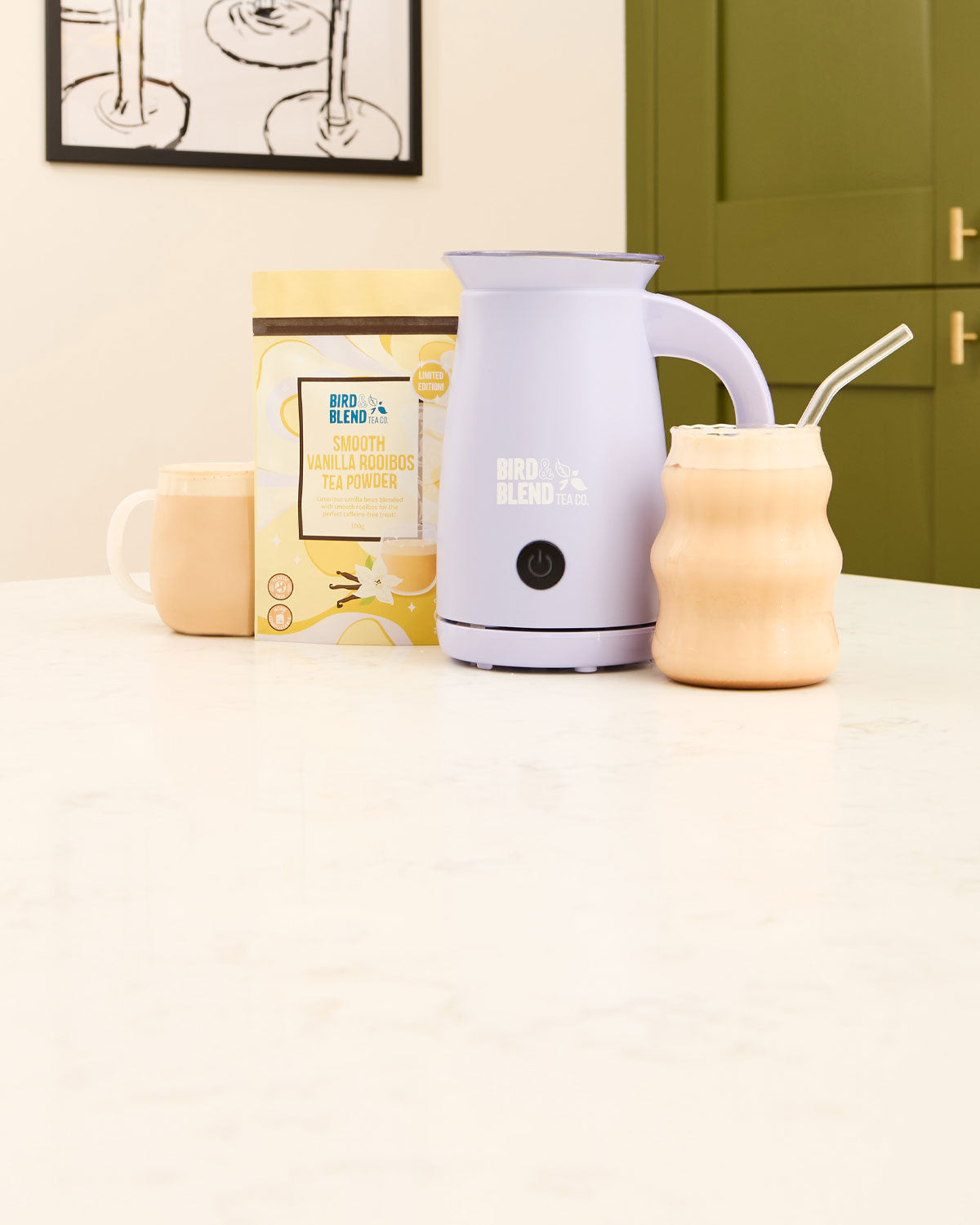 smooth vanilla rooibos tea powder hot tea latte & soft lilac matcha latte magic whisk