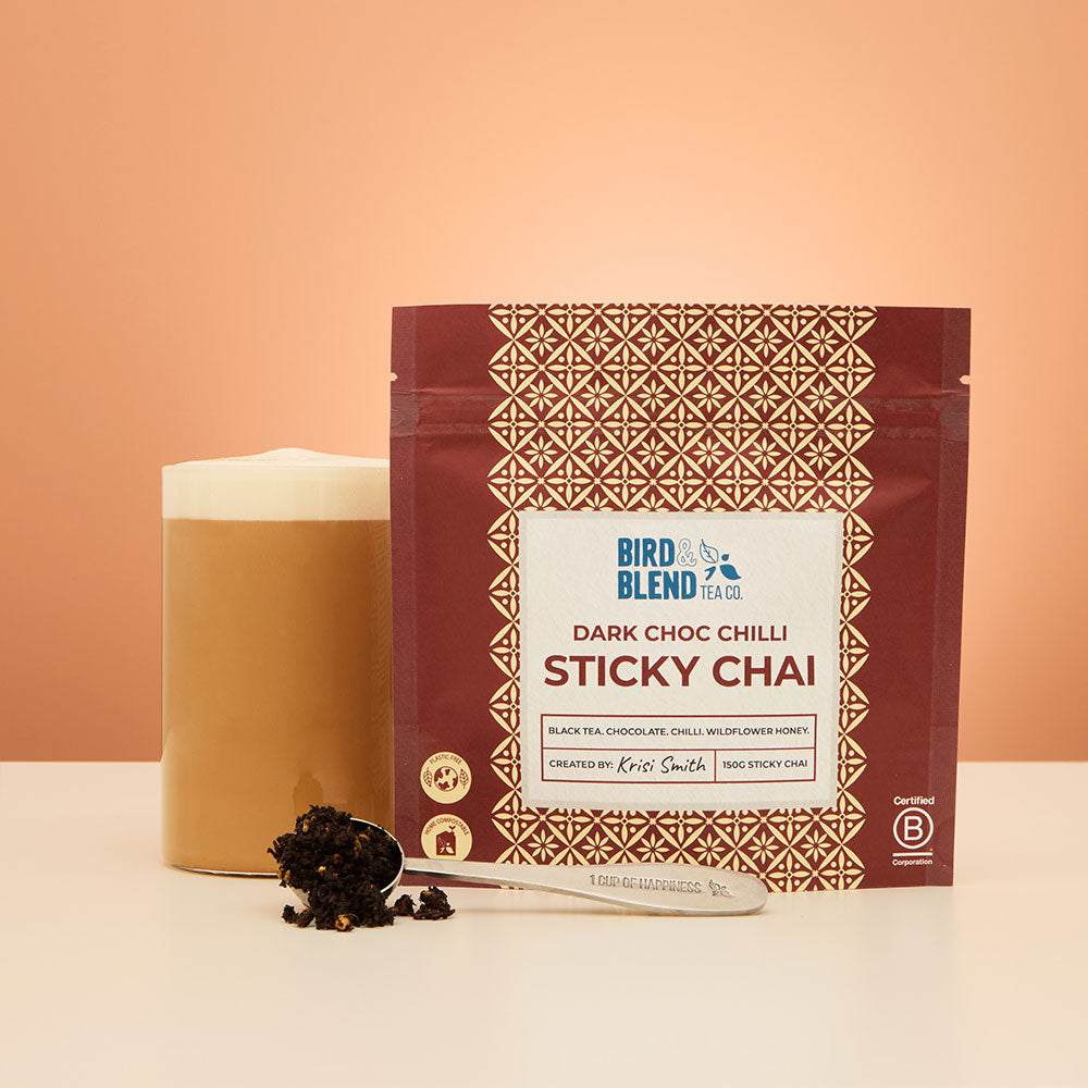 dark choc chilli sticky chai tea pouch with hot sticky chai