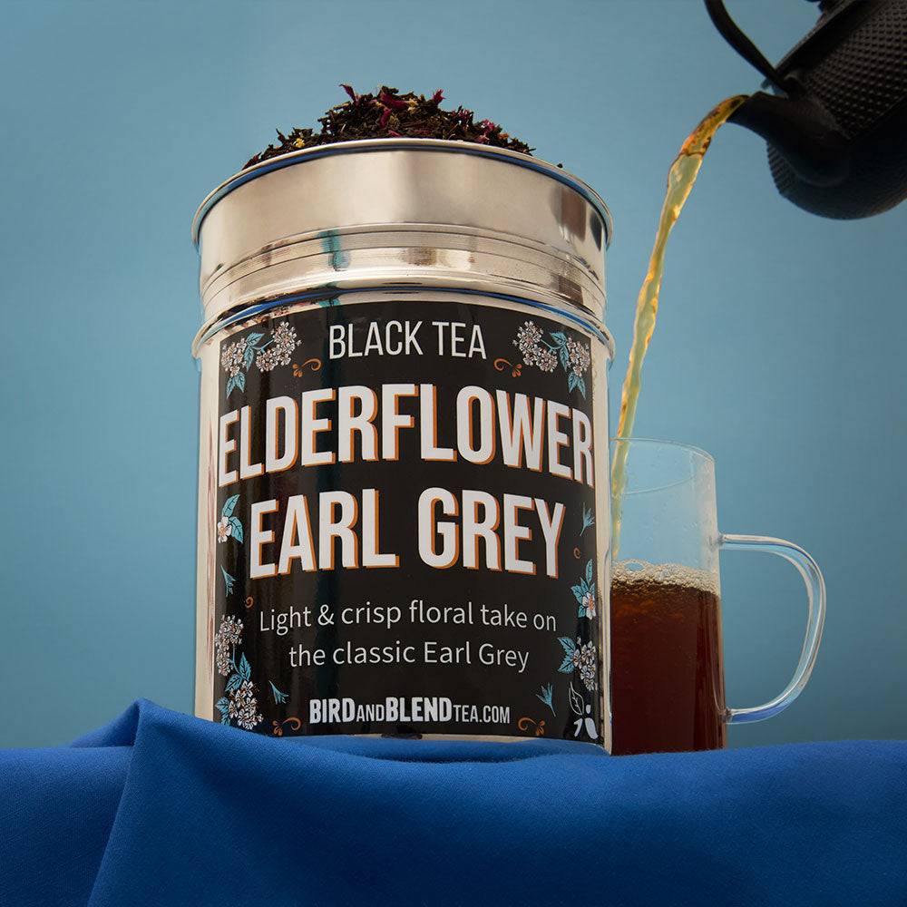 elderflower earl grey tea tin with hot tea