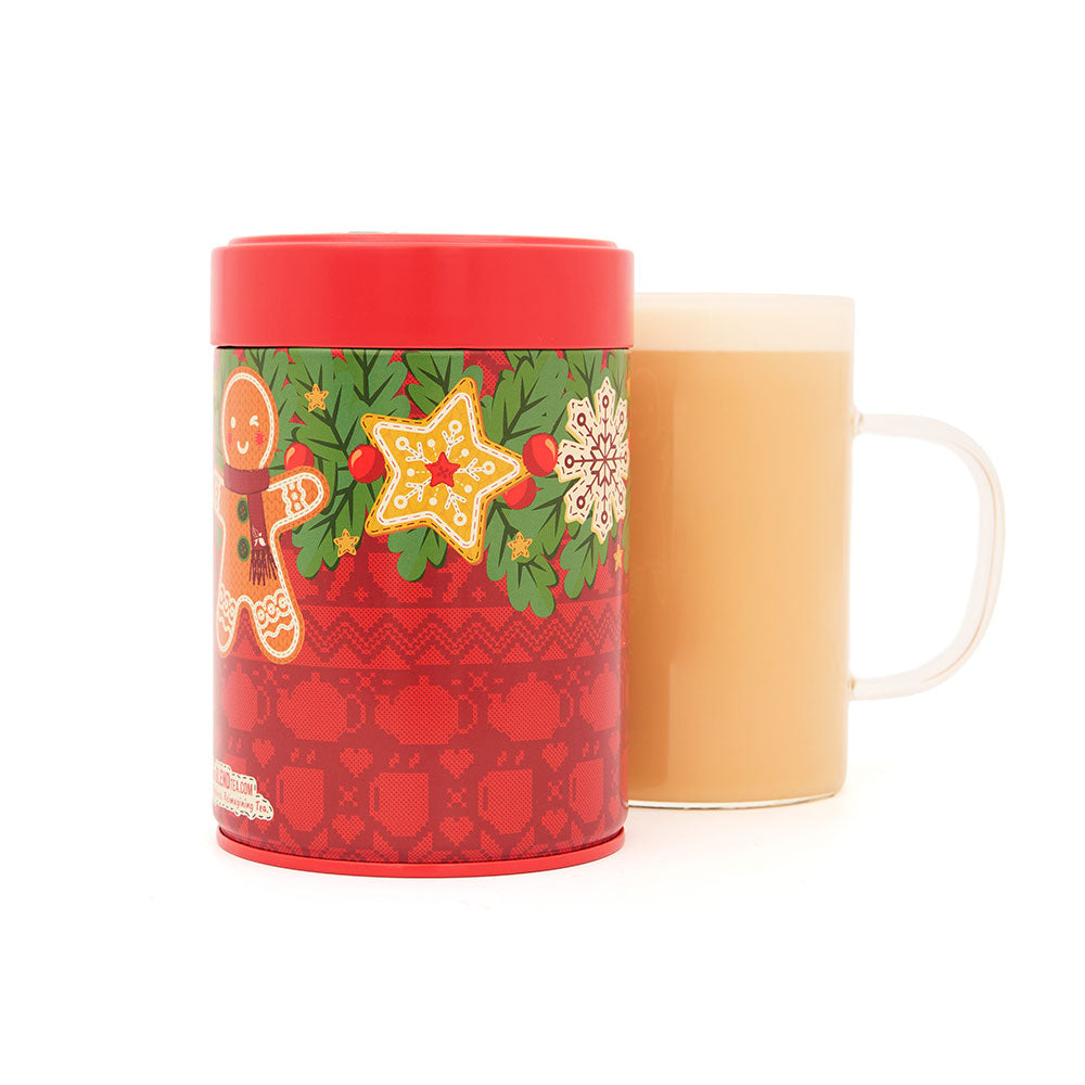 empty limited edition christmas tea tin with hot tea