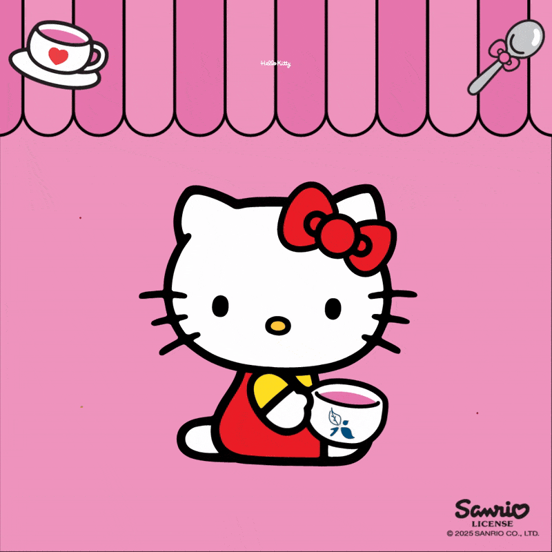 hello kitty pink apple pie drinking tea animation