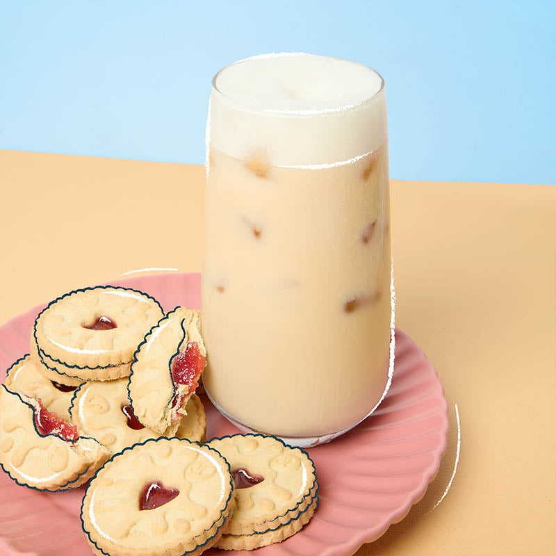 jammy dodgers tea latte with biscuits