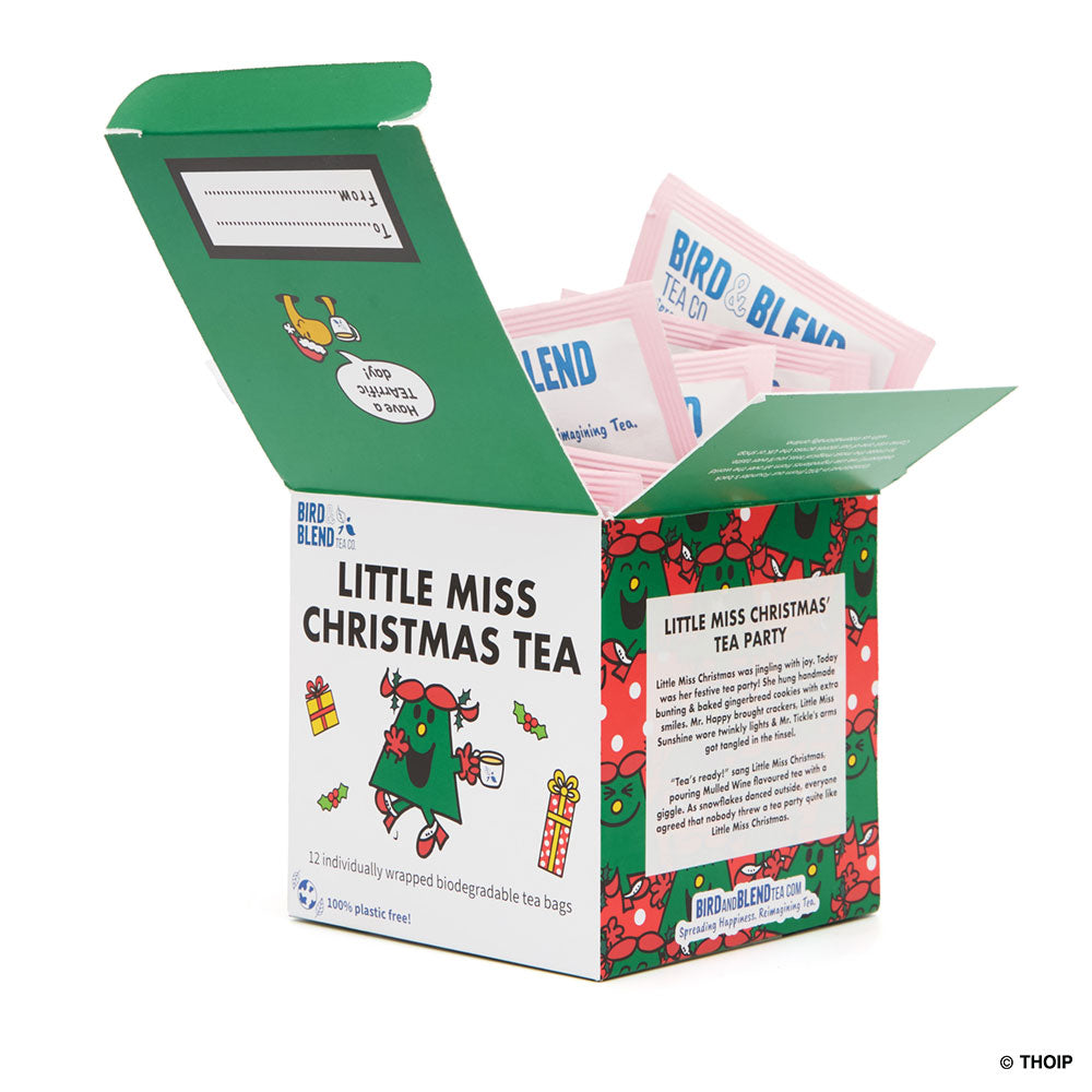 little miss christmas cube open with tea bags showing