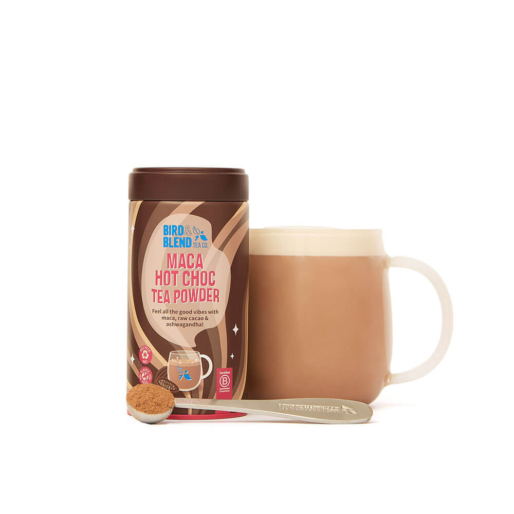 maca hot choc tea powder tin & hot tea powder latte