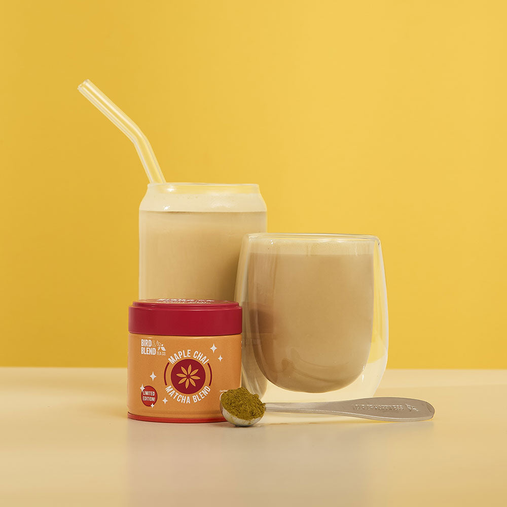 maple chai matcha hot & iced matcha & latte & tin & perfect tea spoon filled with matcha powder