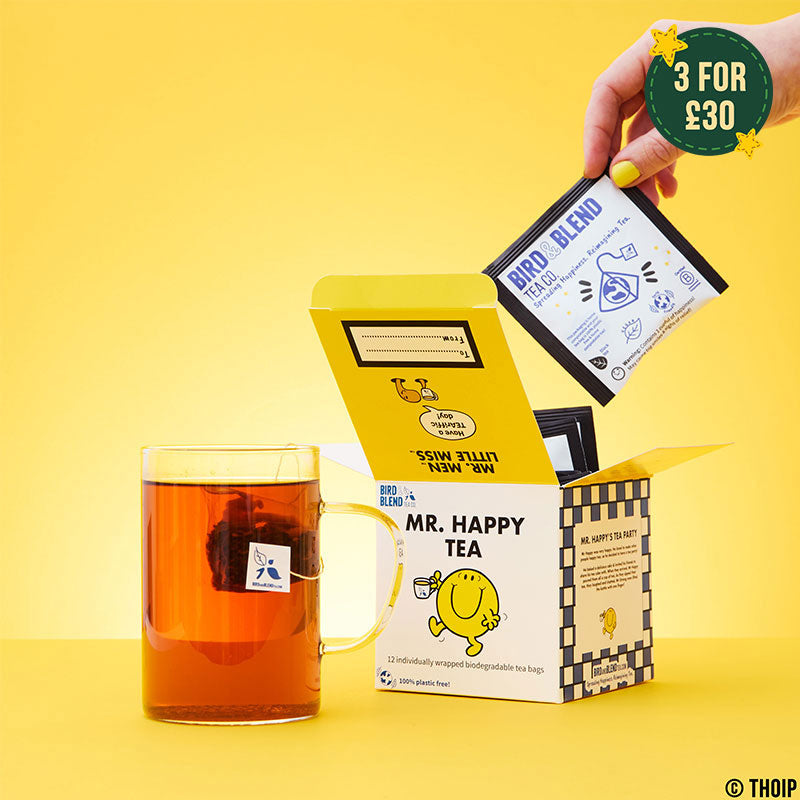 mr happy tea cube with hot tea