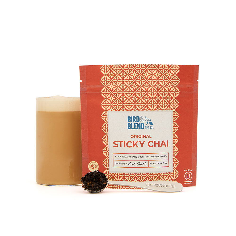 original sticky chai pouch with hot tea