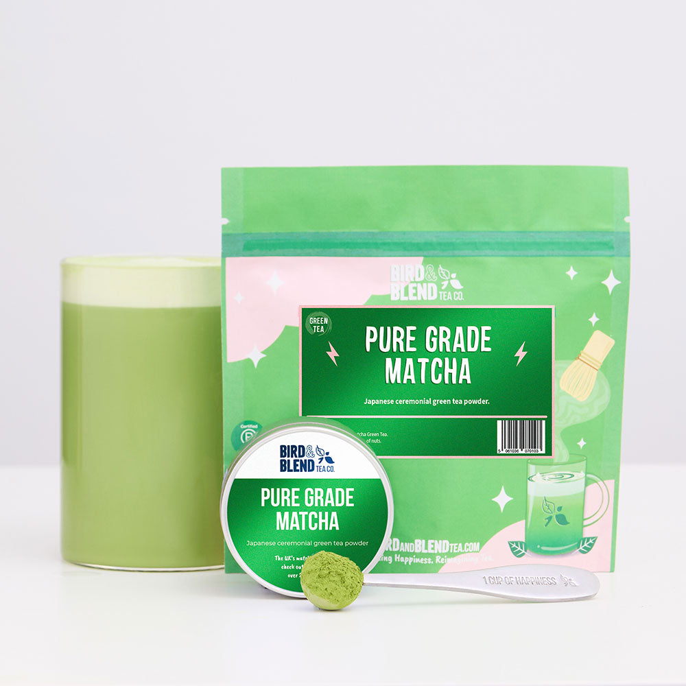 pure grade matcha tea tin and pouch