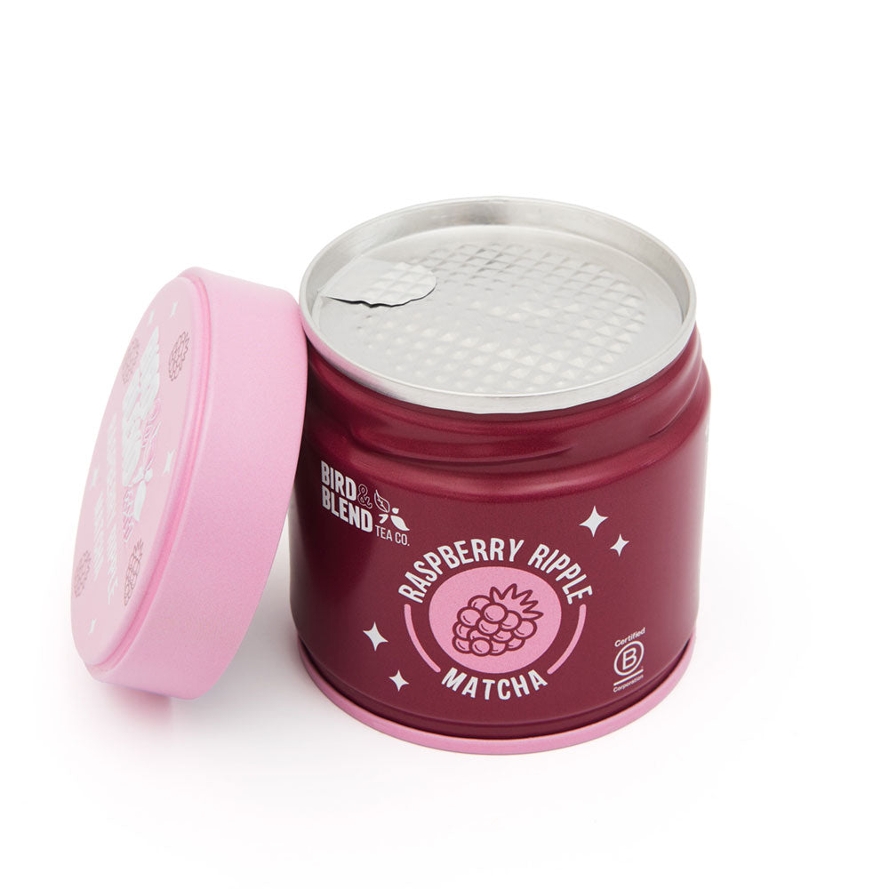 raspberry ripple matcha tin