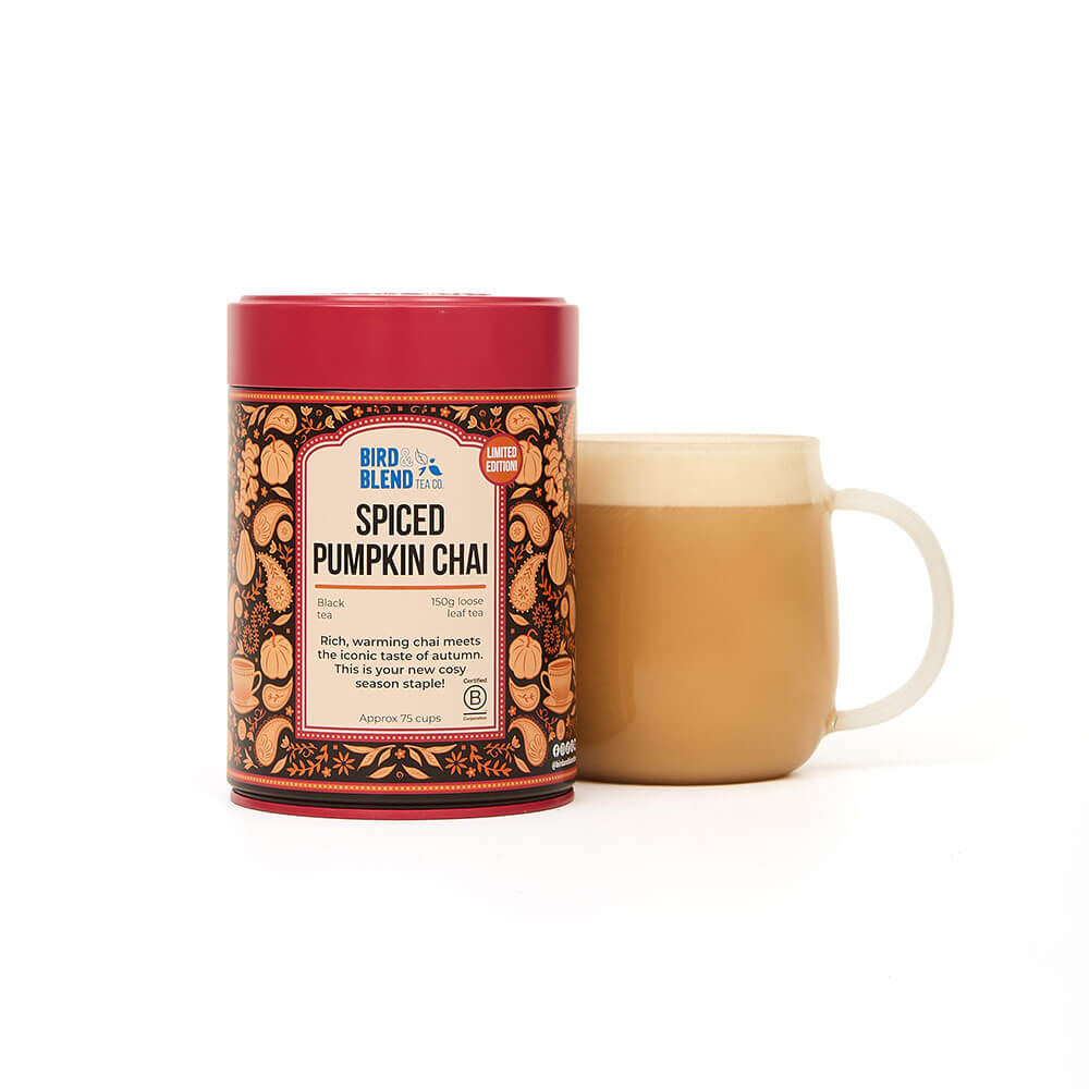 spiced pumpkin chai loose leaf tea 150g gift tin & hot chai latte