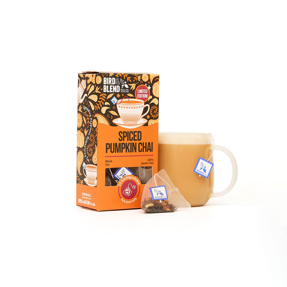 spiced pumpkin chai tea bag gift pack & hot chai latte with tea bag inside