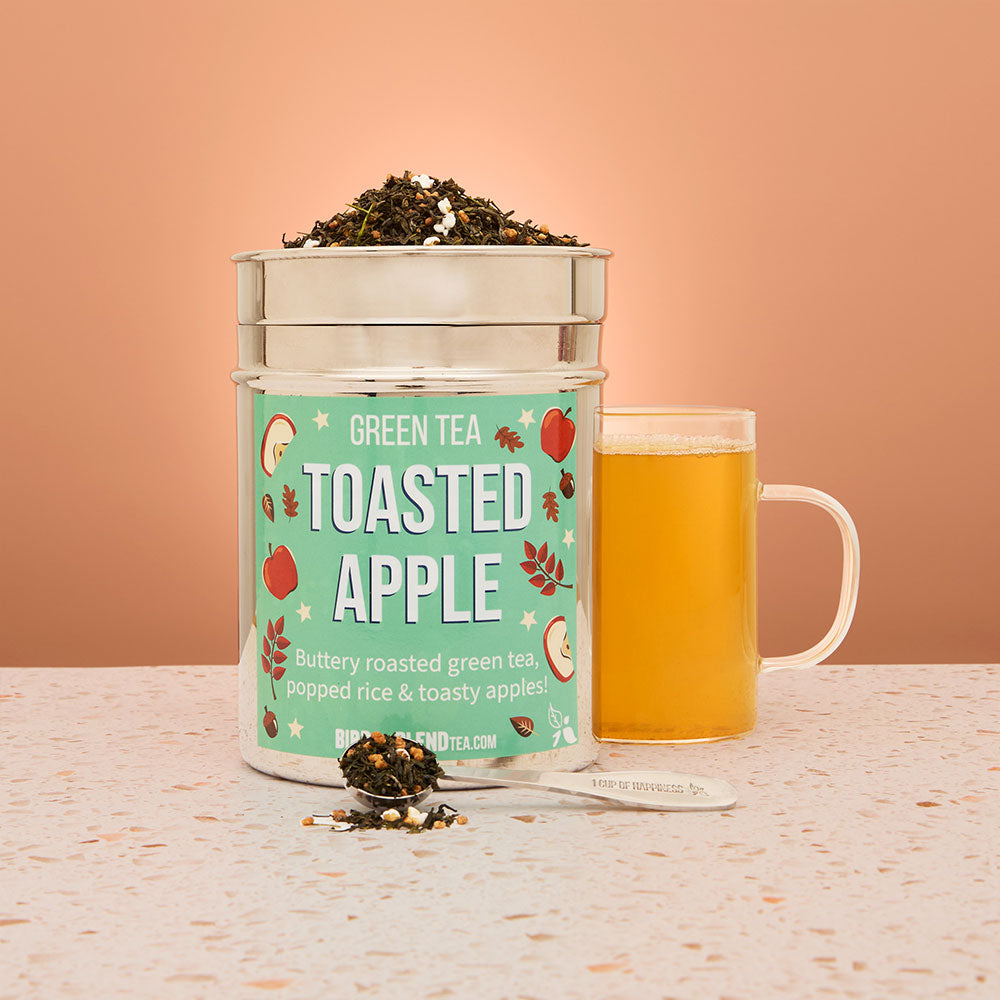 toasted apple green tea with stylised tea tin