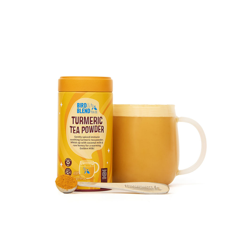 turmeric tea powder tin spoon & hot tea latte