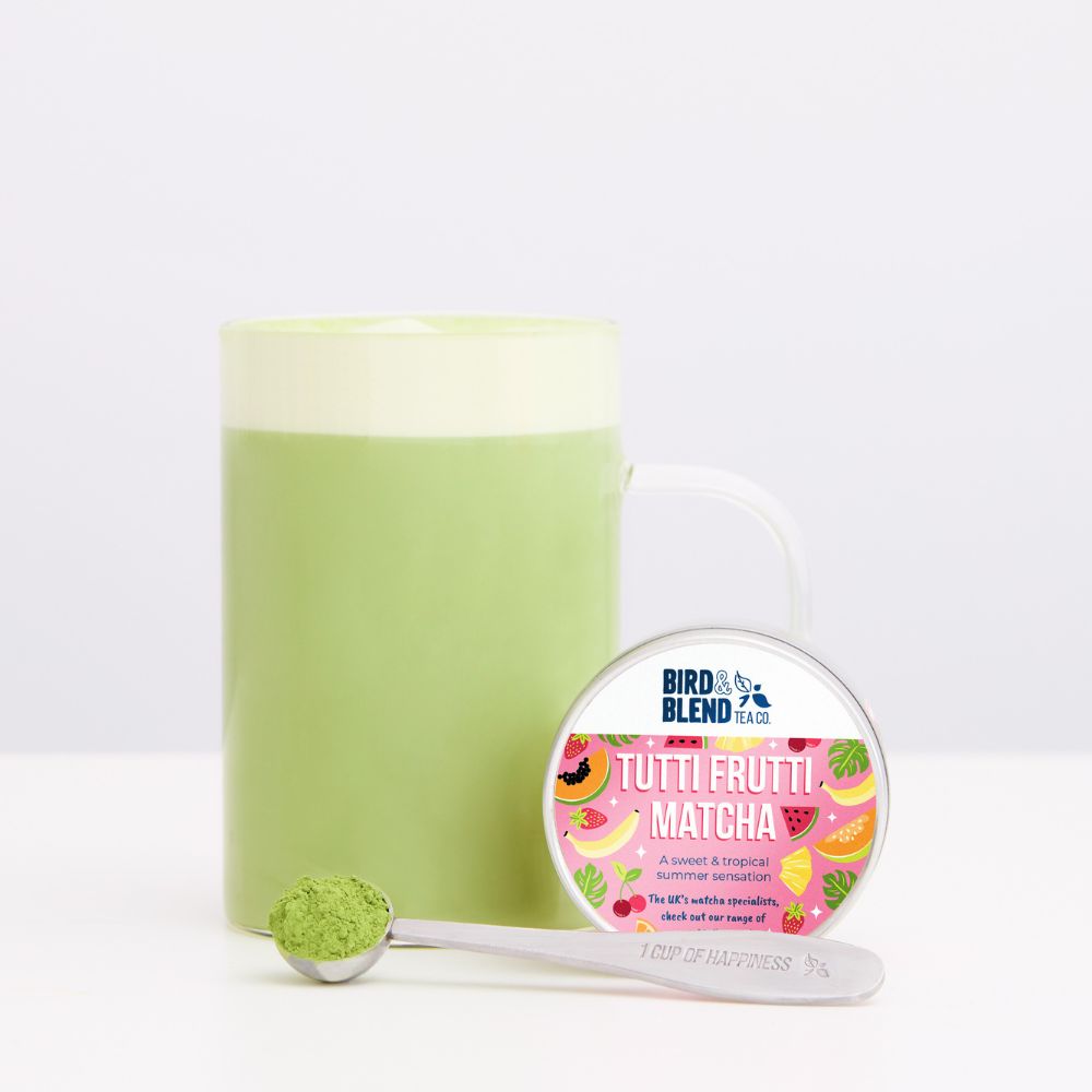 tutti frutti matcha tin with drink