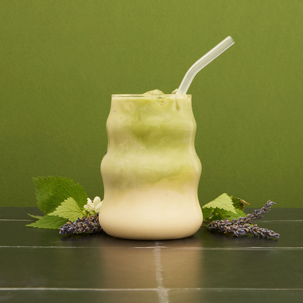 Wicked spellbinding emerald Elphaba lavender iced matcha latte