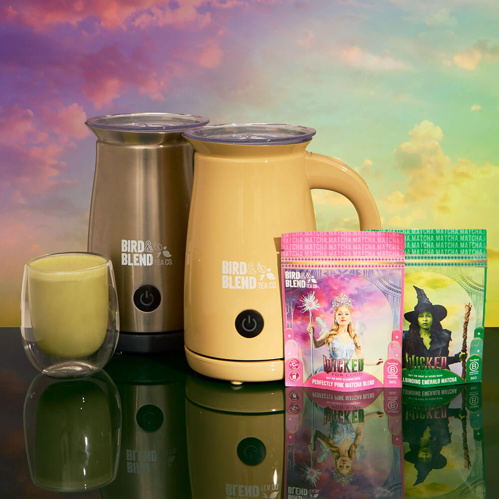 matcha latte magic whisk Glinda pink matcha and Elphaba green matcha