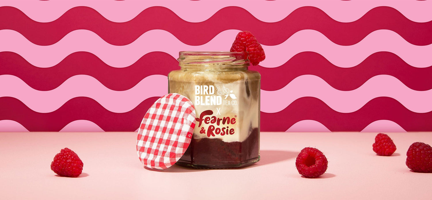 Rosie & Fearne jam jar hojicha in a jam jar with raspberries