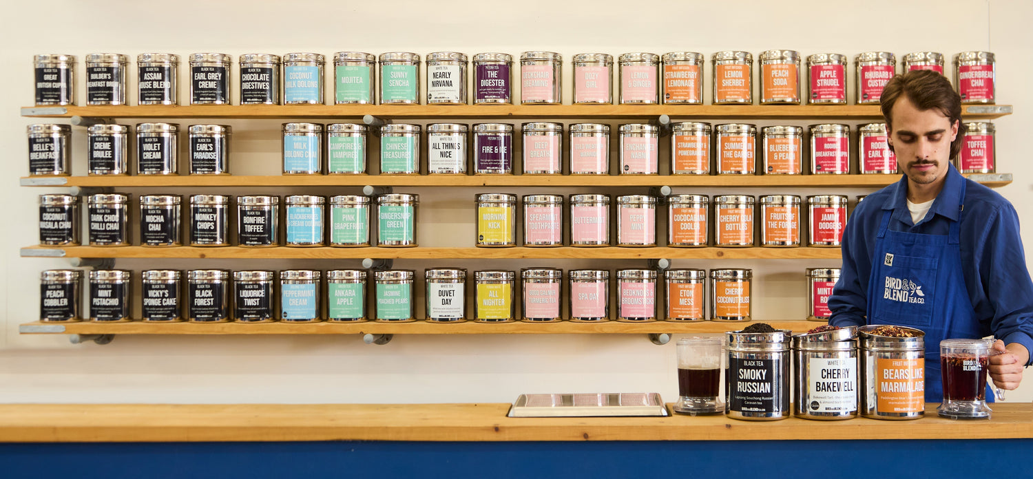 Tea mixologist standing in front of tea wall with brand blue apron holsing a brewdini gravity tea steeper full of tea