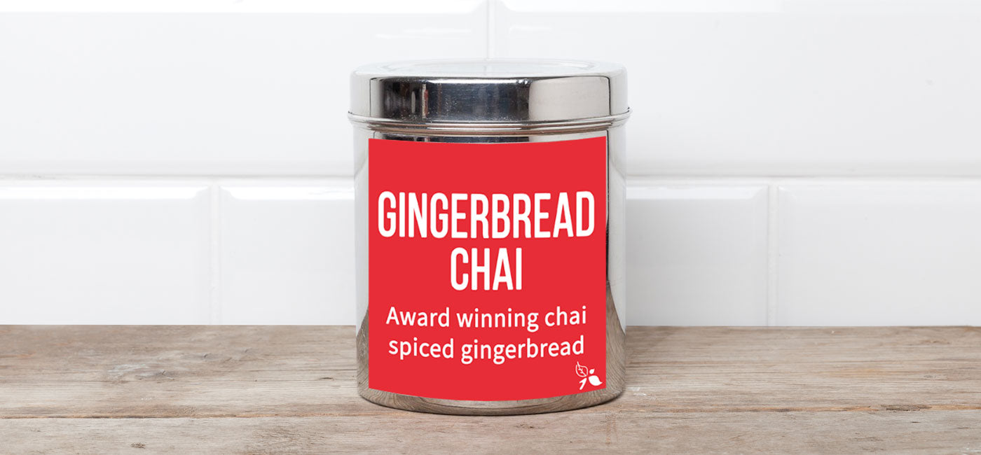 Bird & Blend Gingerbread Chai Tea Tin with a cup of tea