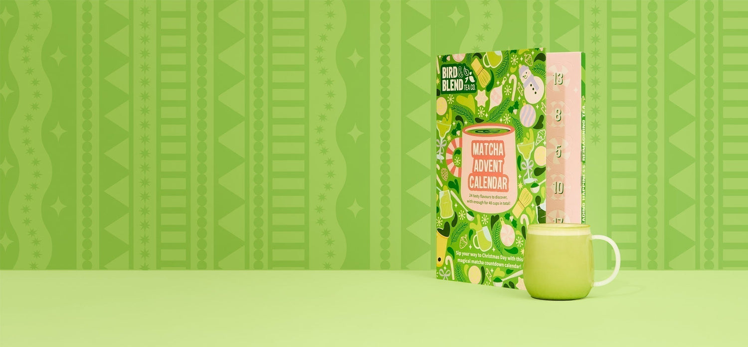 matcha advent calendar and hot matcha latte
