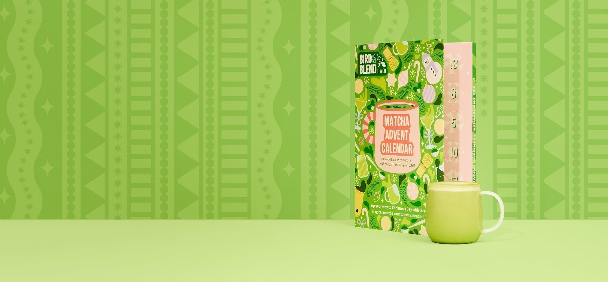 matcha advent calendar and hot matcha latte