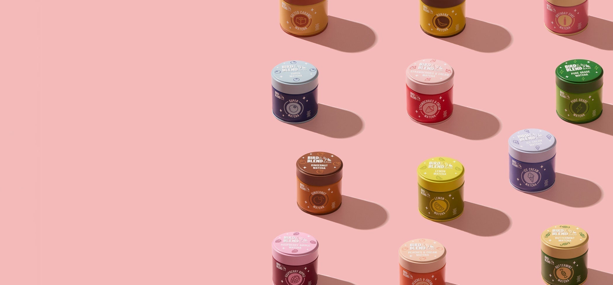 all flavoured matcha tins with a pink background