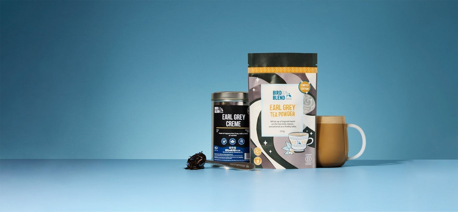 Earl grey tea collection loose leaf tea and tea powder and spoon and earl grey hot latte 