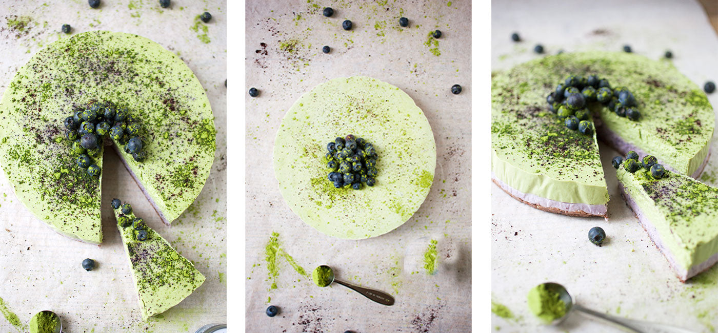 No Bake White Choc & Blueberry Matcha Cheesecake