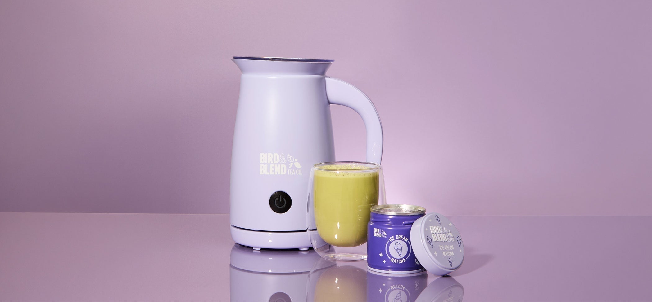 Soft Lilac Matcha Latte Magic whisk & vanilla ice cream matcha tin & latte
