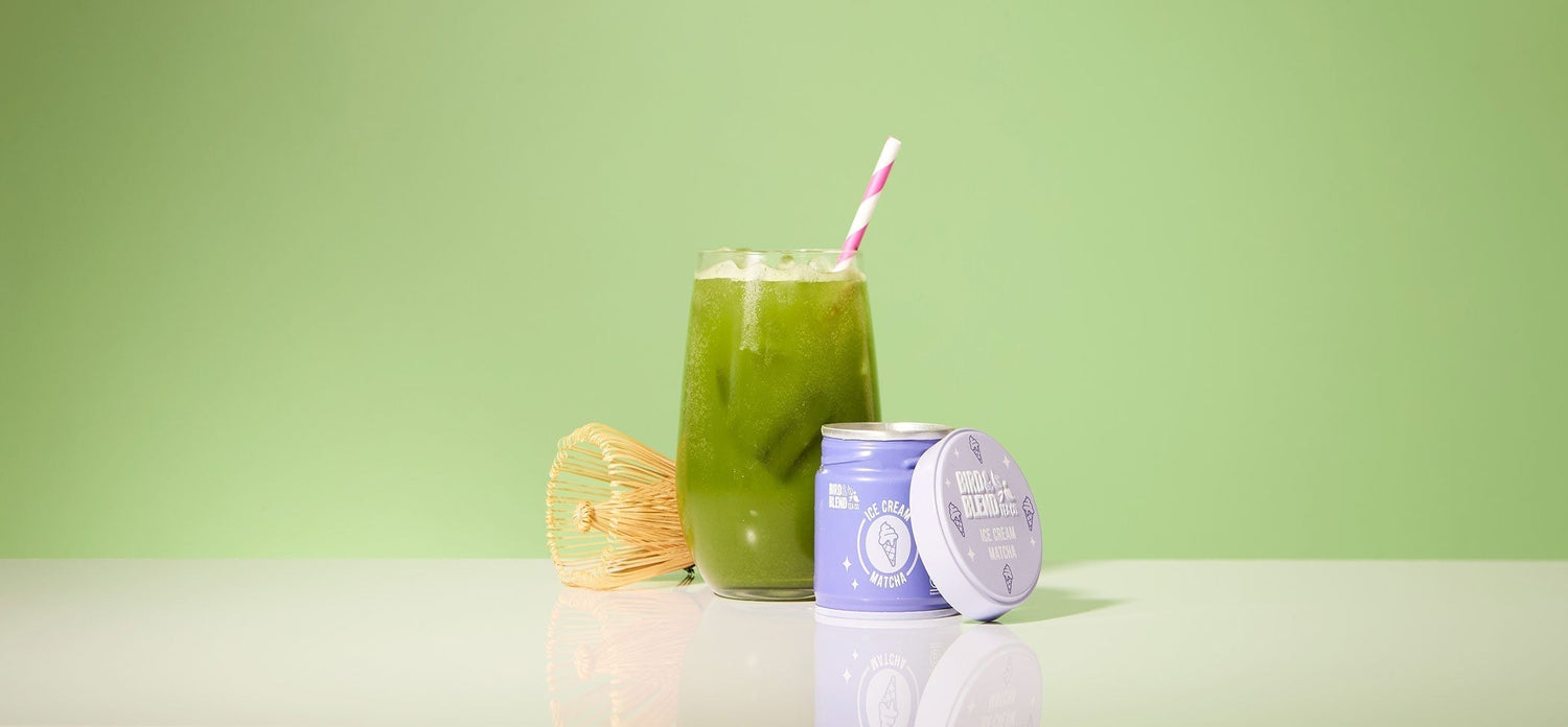 vanilla ice cream matcha tin and matcha iced soda and bamboo whisk