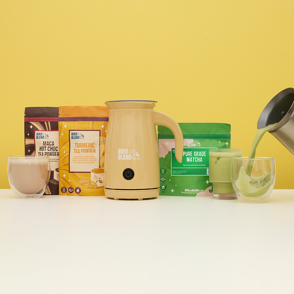 Am to pm bundle of tea powders matcha tea pouches and bamboo gloss matcha latte magic whisk and hot and iced tea and matcha
