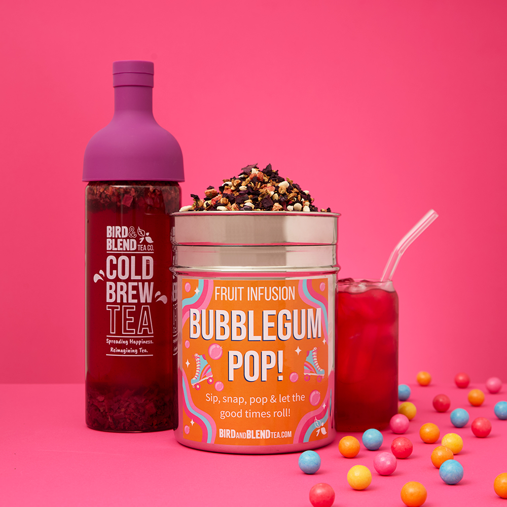 Bubblegum pop tea in plum purple cold brew tea bottle &amp; custom tea tin and iced tea