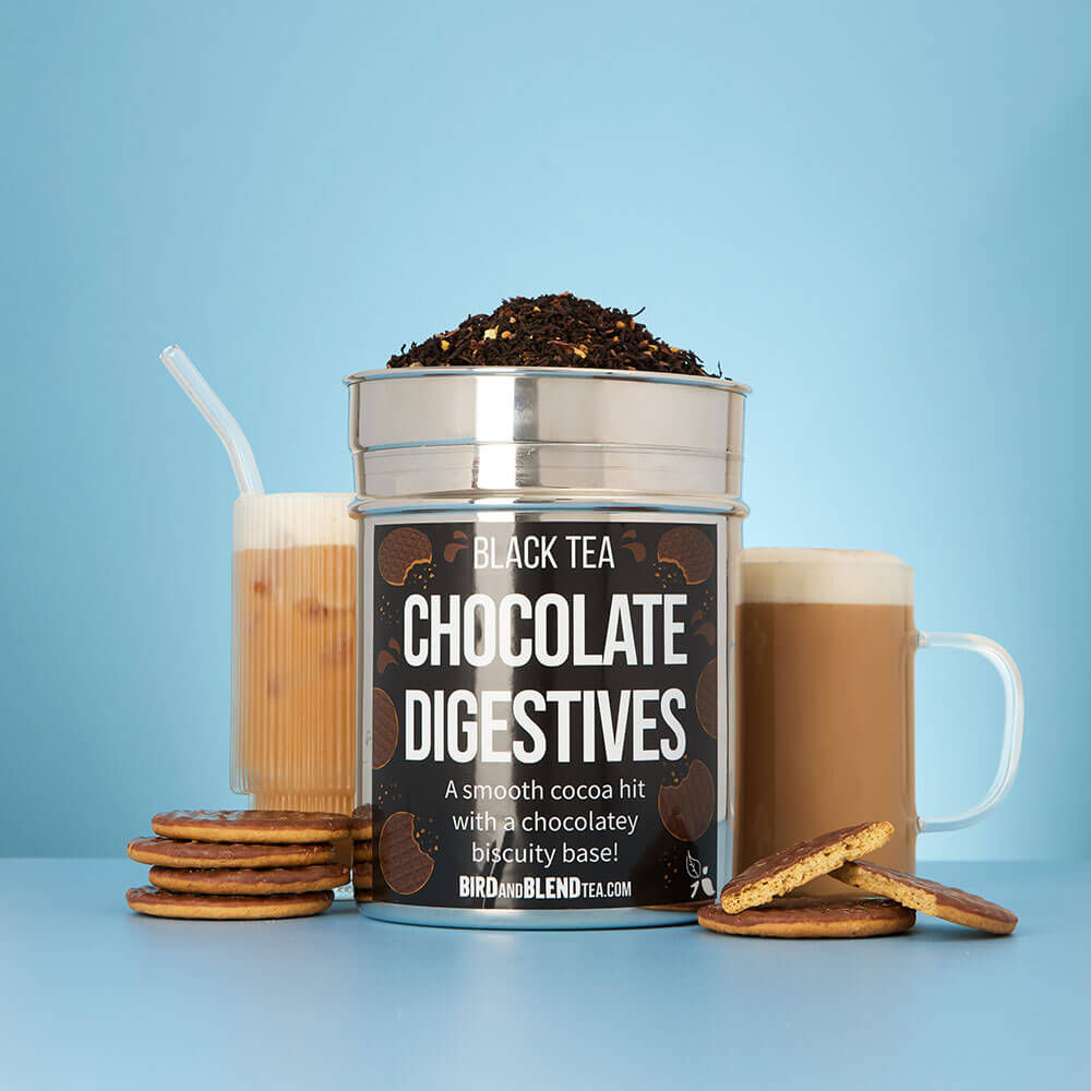 Chocolate digestives biscuit hot & iced tea latte & custom tea tin with loose leaf tea & chocolate digestives