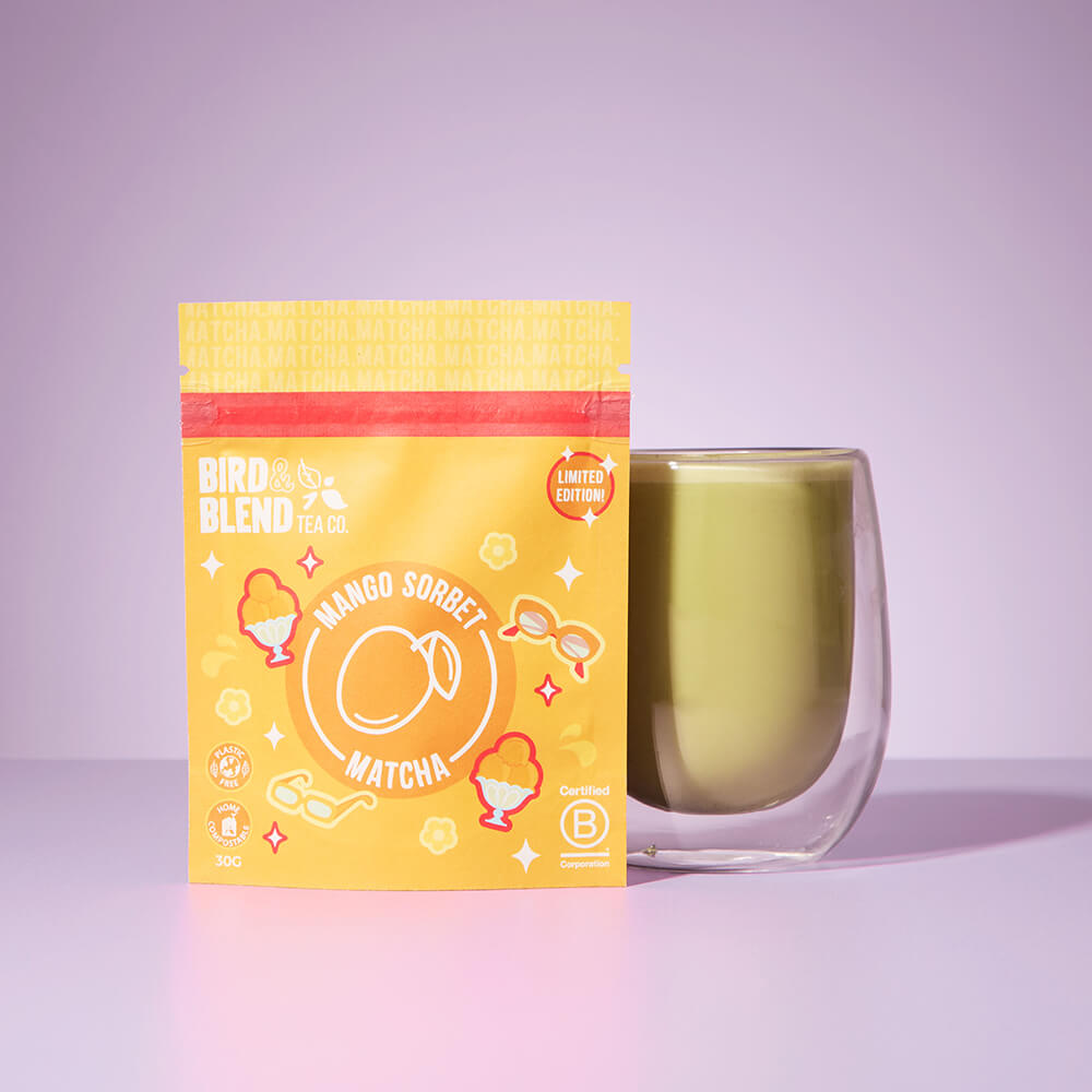 Mango sorbet matcha tea pouch and hot tea latte