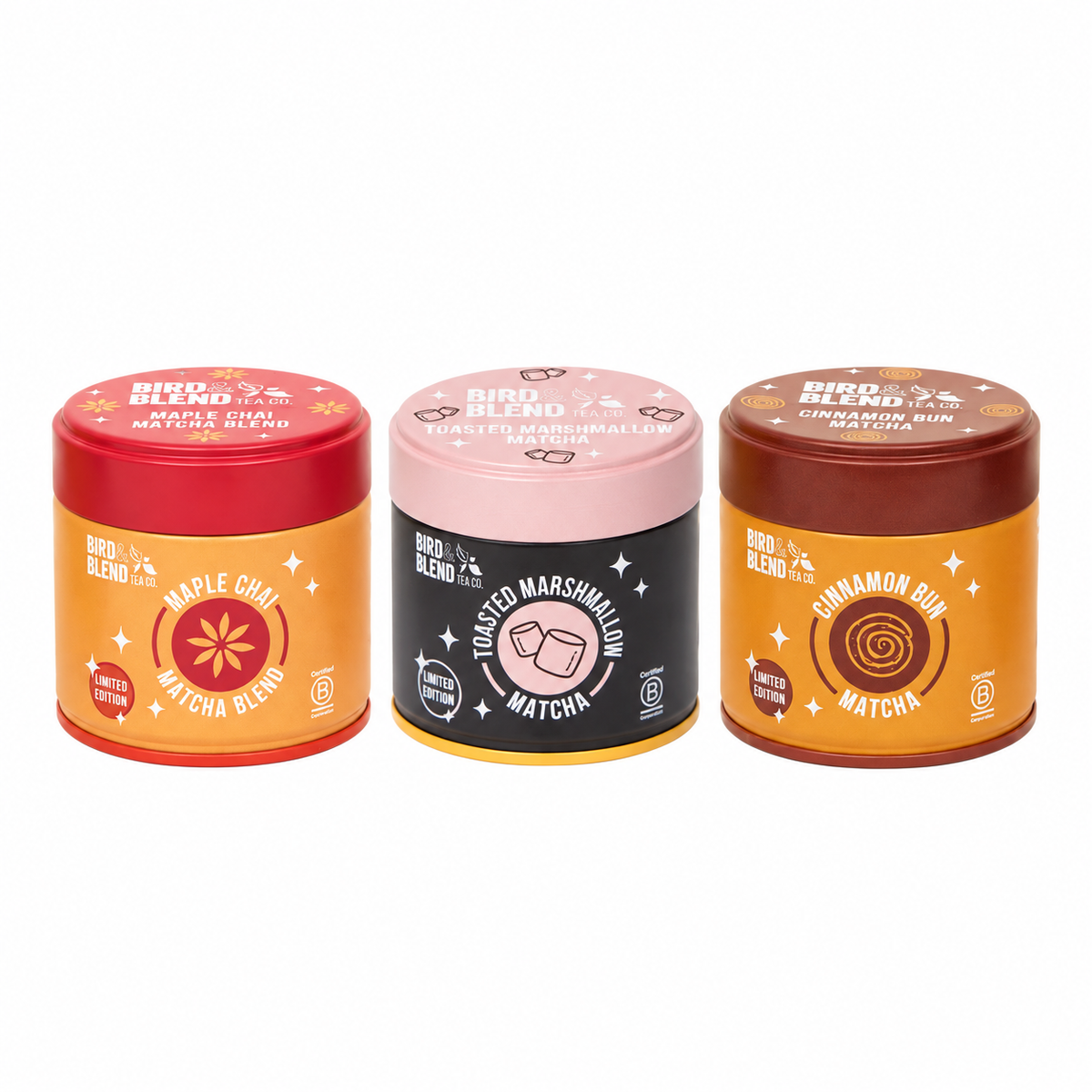 Maple Chai Matcha, Toasted Marshmallow Matcha, Cinnamon Bun Matcha tins in a row