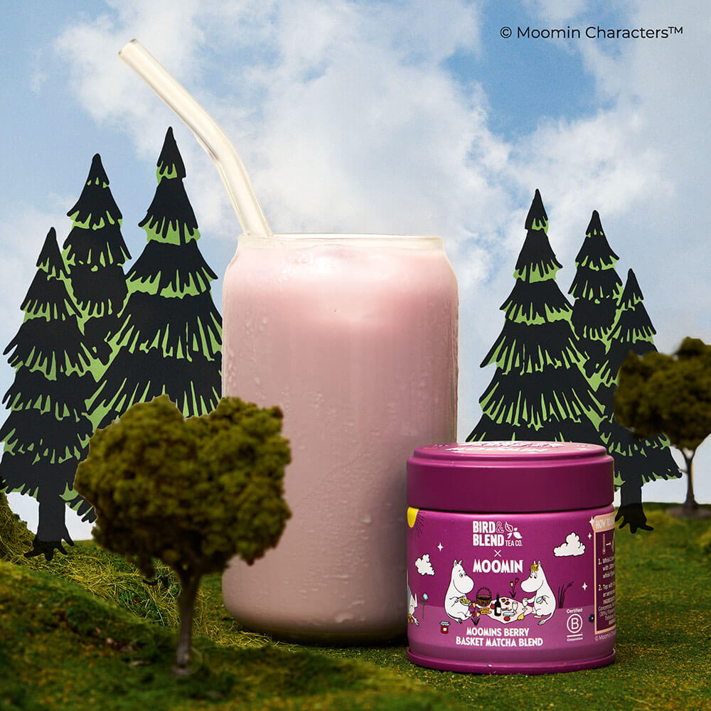 Moomin Berry Basket Matcha Tin and iced Matcha latte