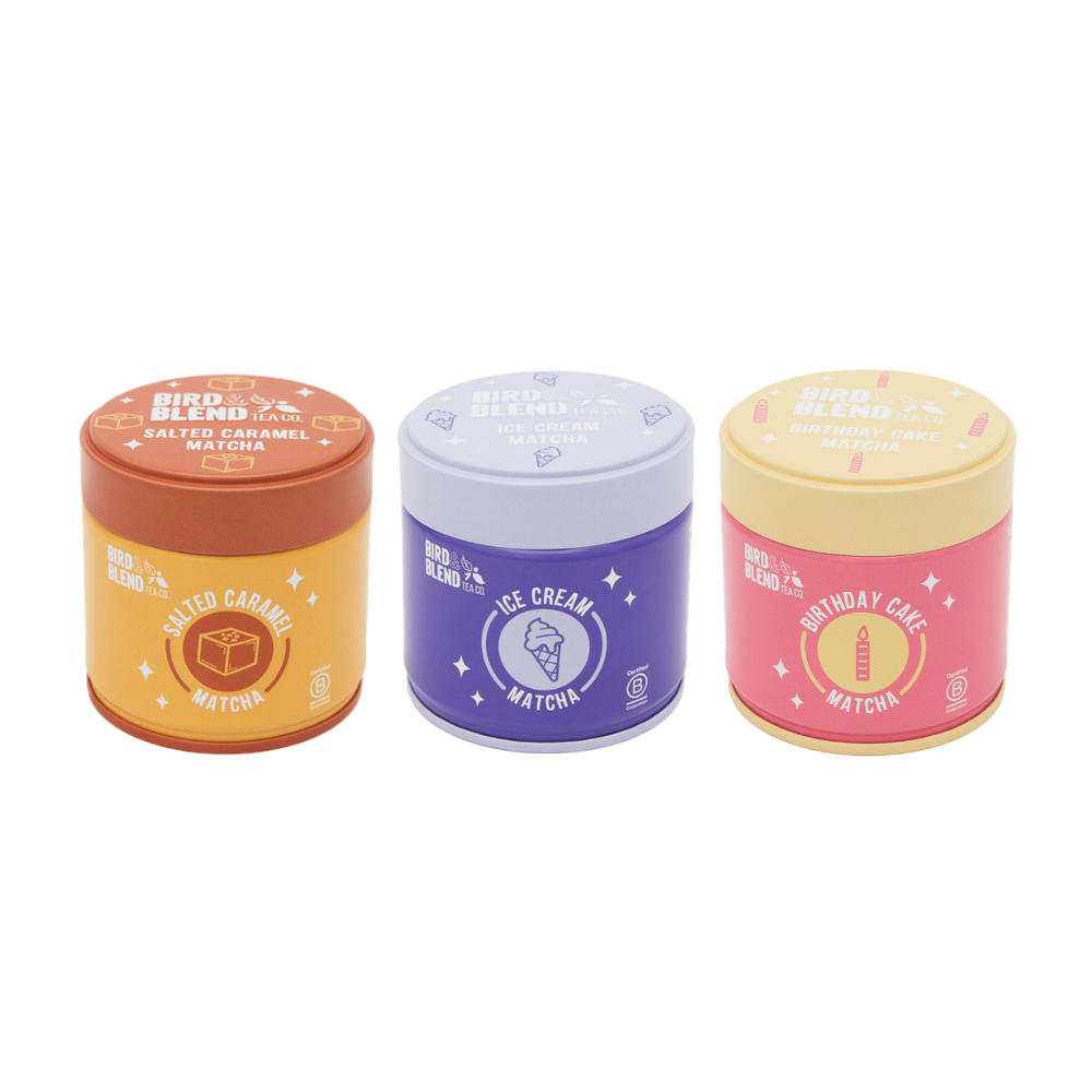 Salted Caramel Matcha and vanilla ice cream matcha and birthday cake matcha tin