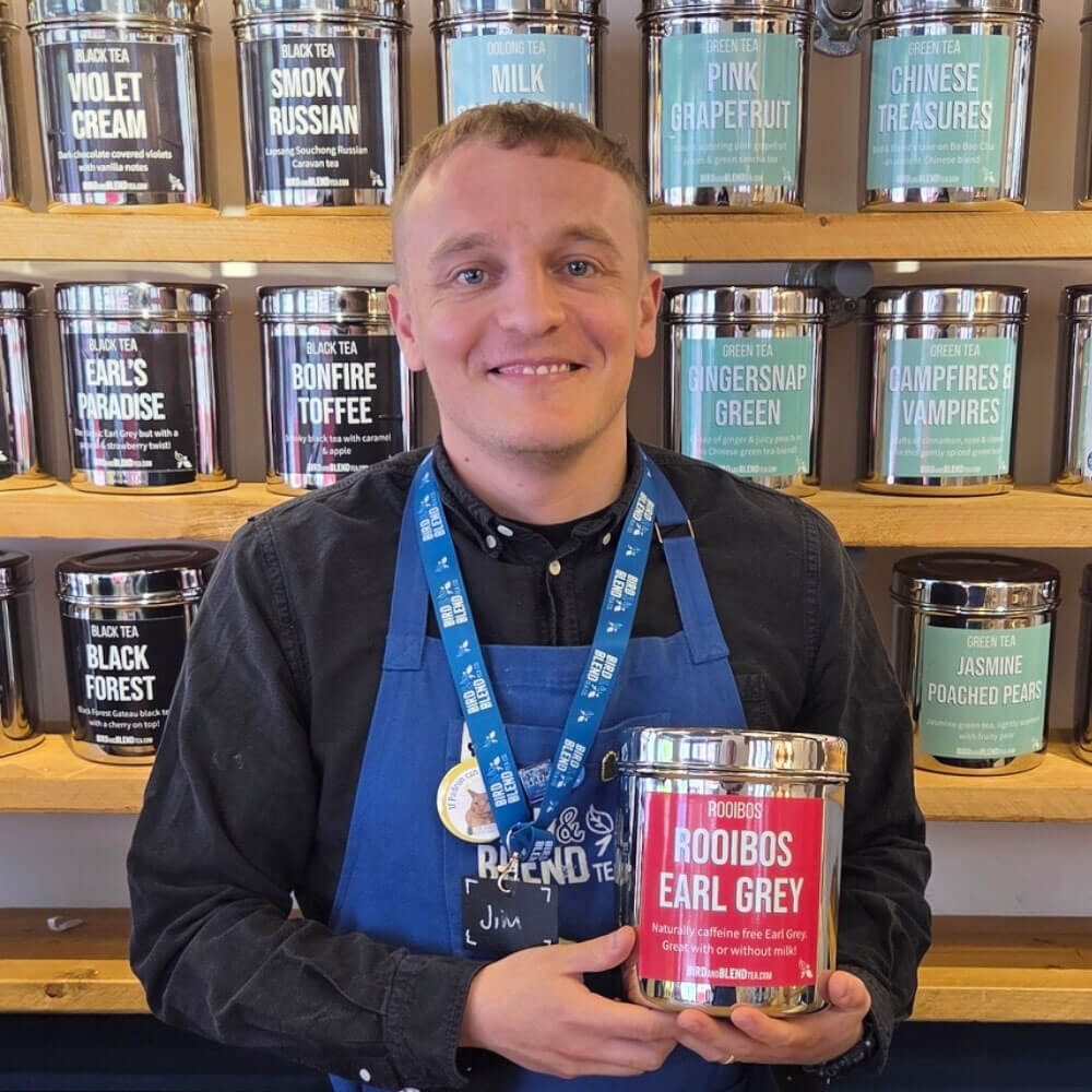 Sheffield store manager holding rooibos earl grey tea