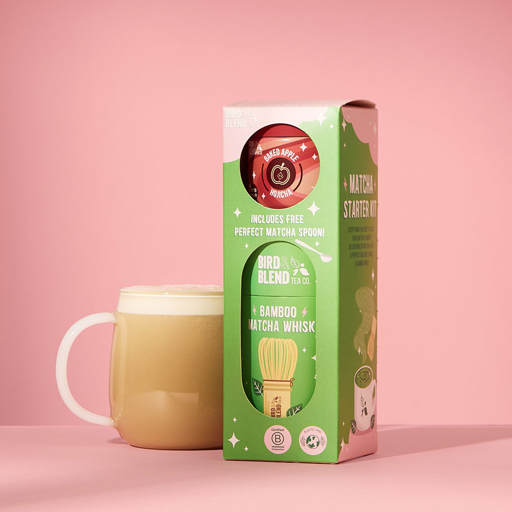 baked apple hojicha matcha starter kit &amp; hot hojicha latte