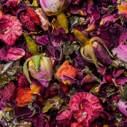 berry pink rose tea loose leaf flatlay