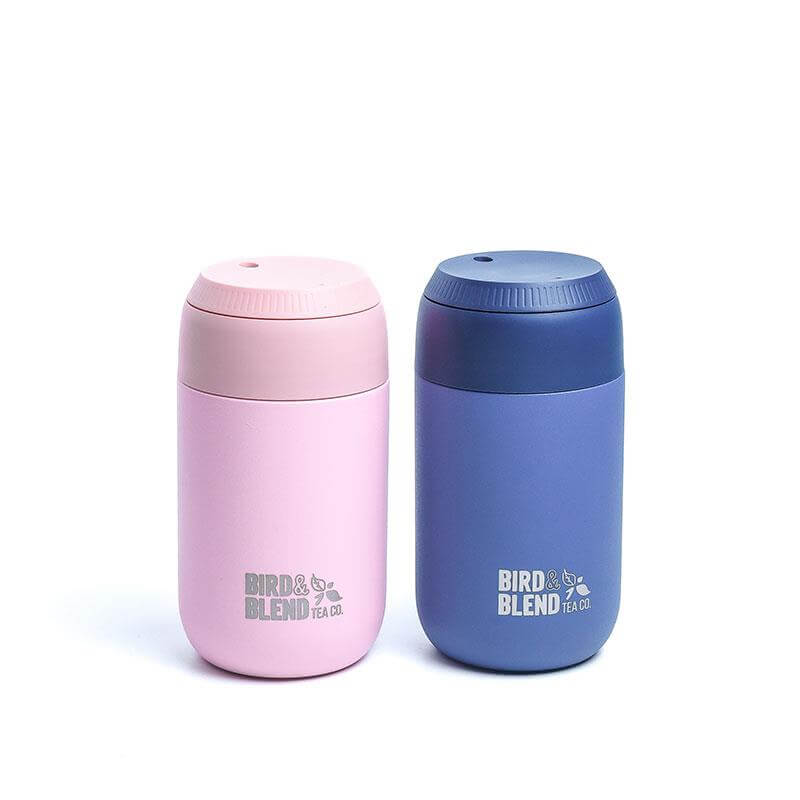 Chilly's Bird & Blend Tea branded travel cups pink and blue