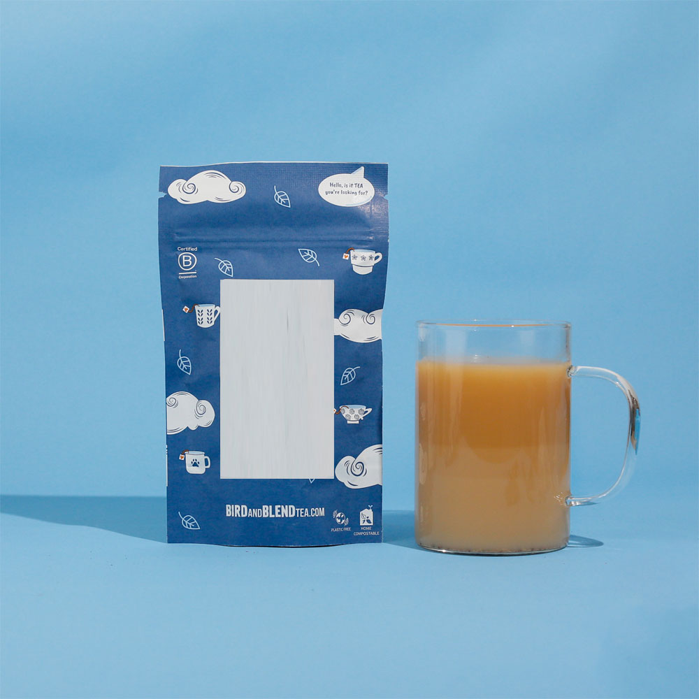 brand blue loose leaf tea pouch &amp; hot tea