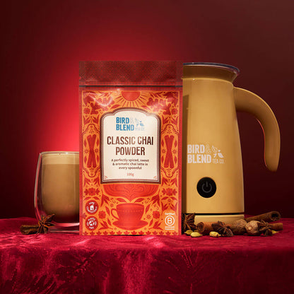 classic chai tea powder with latte and matcha latte magic whisk