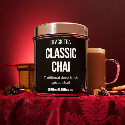 classic chai tea tin with tea latte and golden loose leaf tea infuser basket