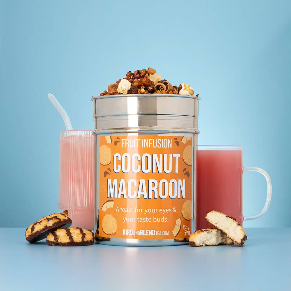 coconut macaroon custom tea tin with loose leaf tea and iced and hot coconut macaroon fruit tea