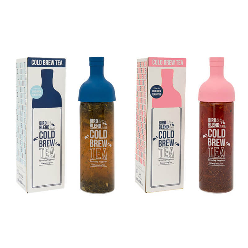 cold brew bottles blue and pink